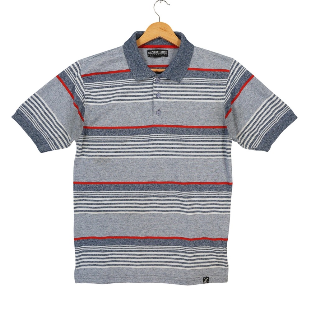 Silver‎ Stone Collection Polo Mens M Blue Excellent Striped Short Sleeve